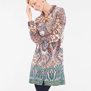 Chicos Tunic Large 2 Tunic Colorful Paisley Floral Rayon Collared Button Up